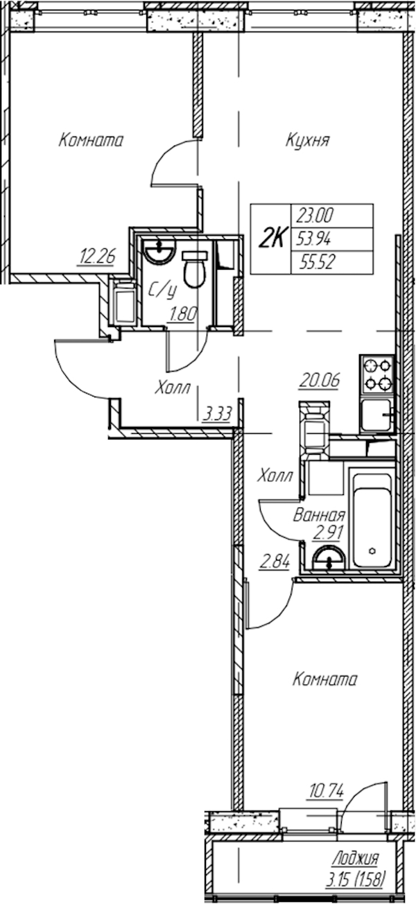 2-комнатная квартира 55.52 м², 14/22 эт., ЖК «Парк-квартал Юнтолово»